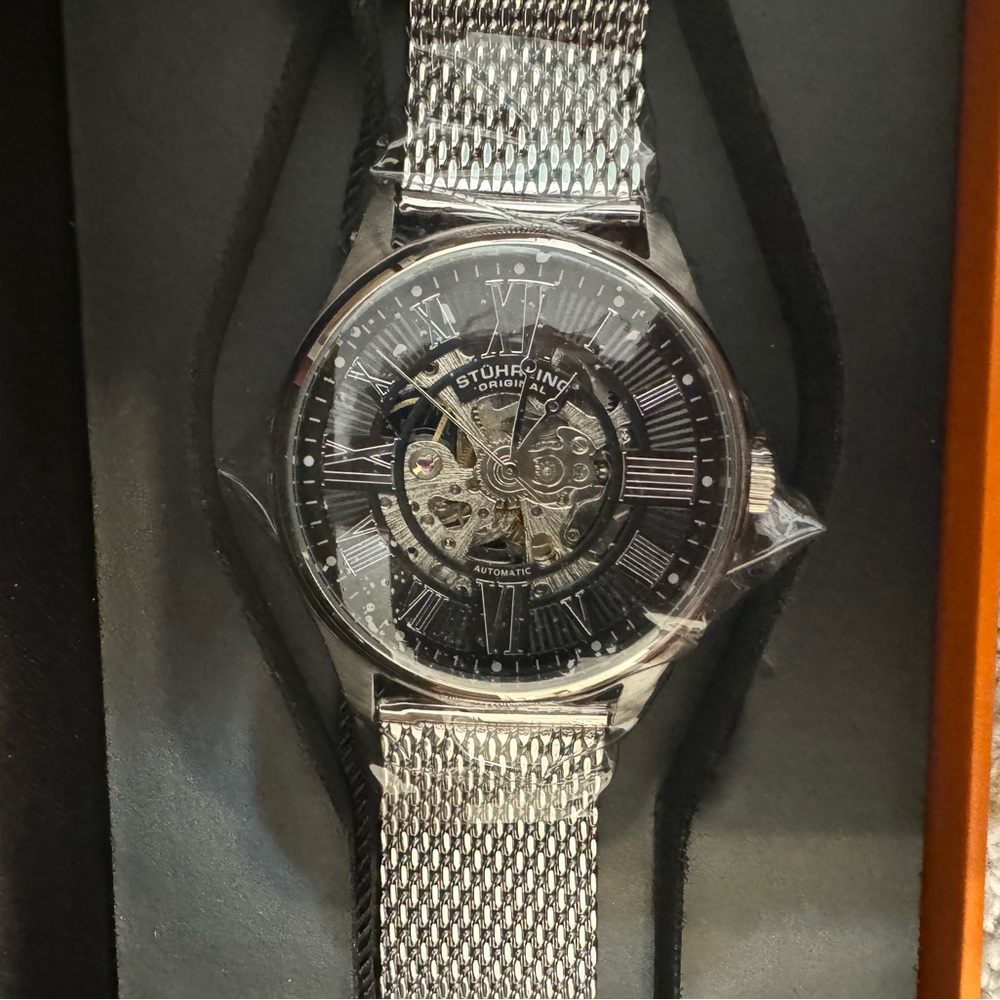 NWT Stuhrling skeleton atrium silver and black men’s bracelet watch